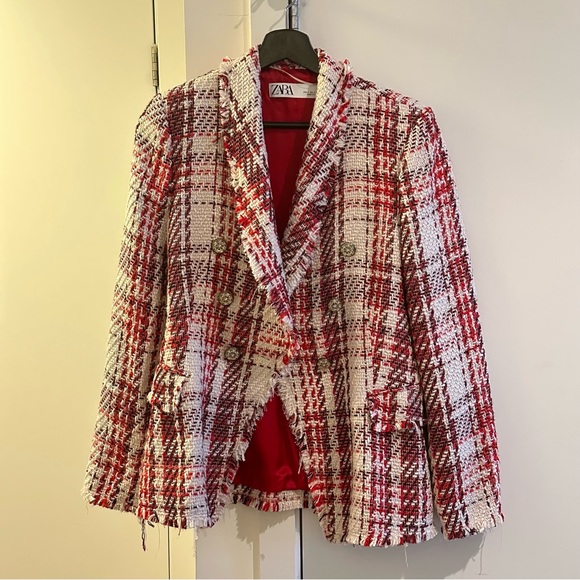 Zara Red Plaid Tweed Jacket Blazer Size S - Picture 2 of 4